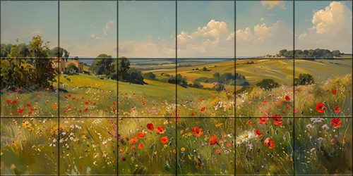 Ceramic tile mural with poppy field, green hills 